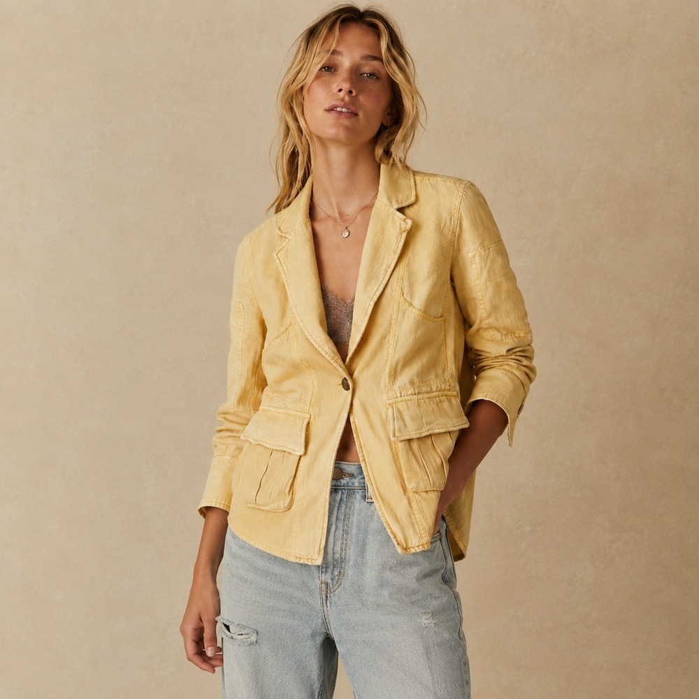Free People Harlow Deconstructed Raw Edge Blazer Yellow Sz XS NWT
